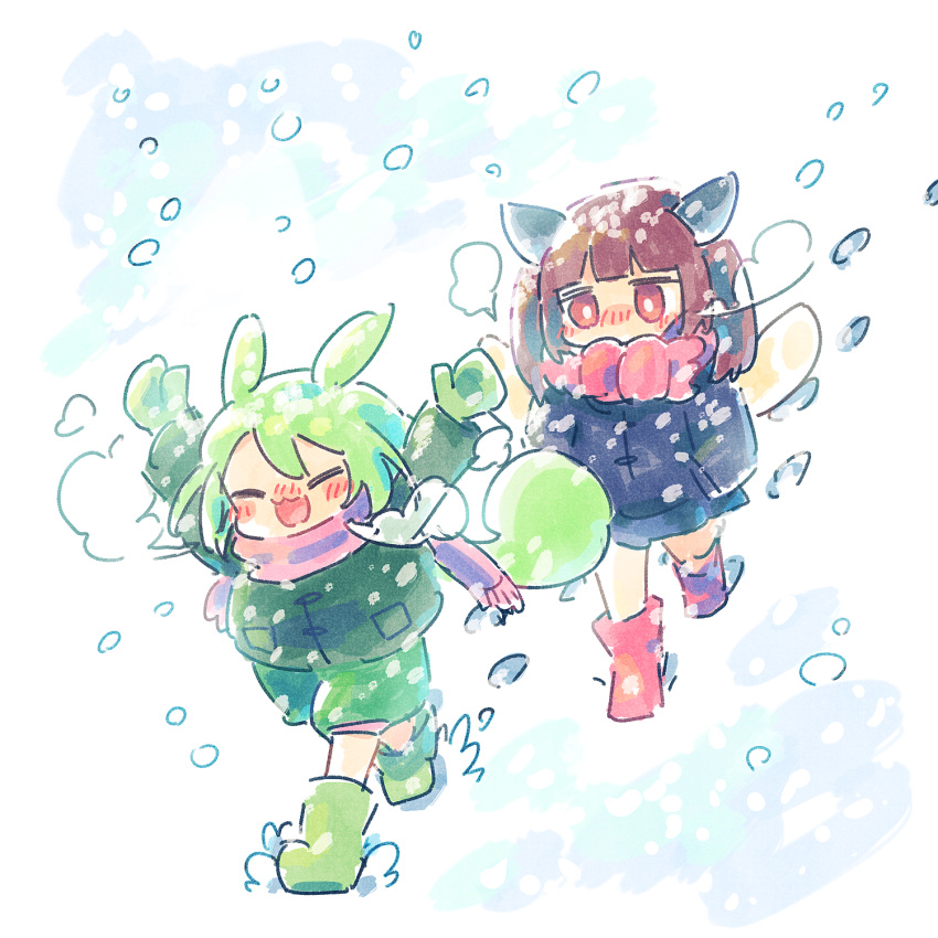 2girls, arms_up, ayakashi_(monkeypanch), black_coat, blush, boots, bright_pupils, brown_hair