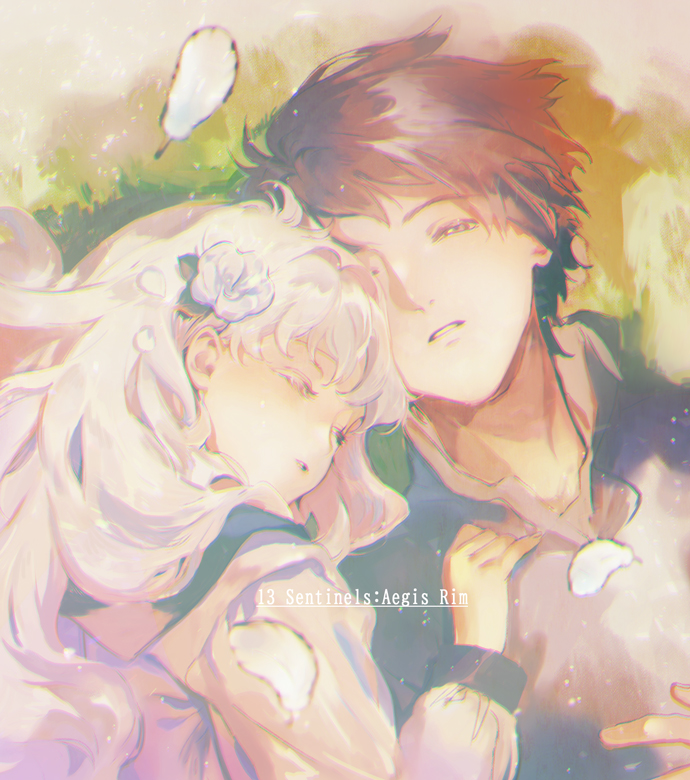 1boy, 1girl, brown_hair, closed_eyes, feathers, flower, fuyusaka_iori, gakuran