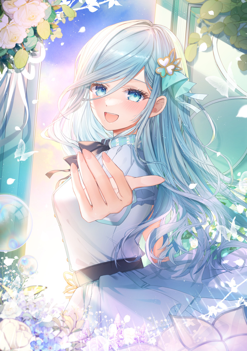 1girl, absurdres, ascot, belt, black_ascot, black_belt, blue_eyes, blue_hair