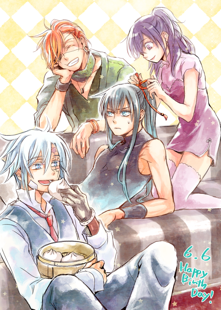 1girl, 3boys, allen_walker, bare_shoulders, black_gloves, black_hair, black_pants, black_shirt