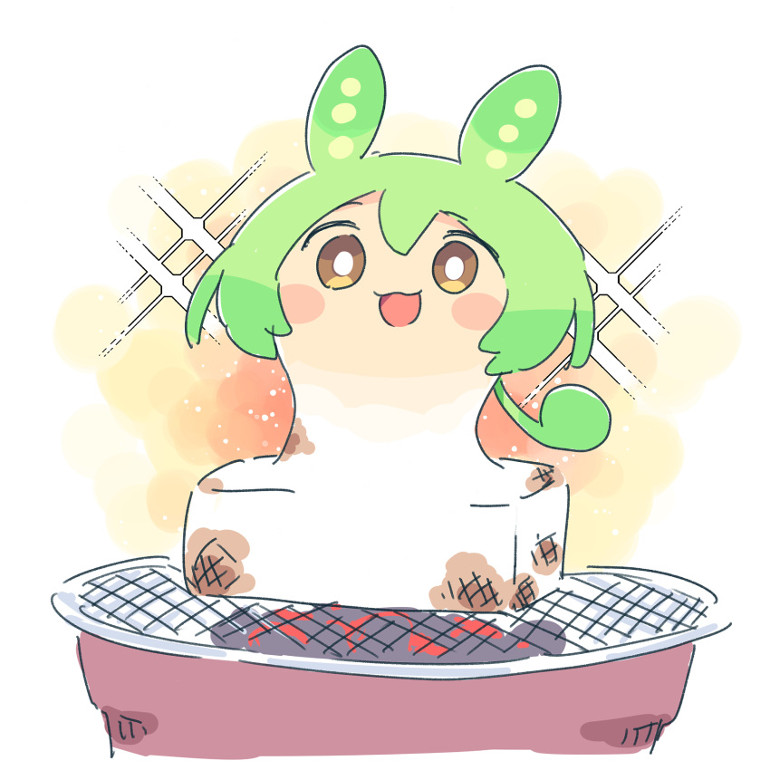 1girl, ayakashi_(monkeypanch), blush_stickers, bright_pupils, brown_eyes, commentary, food, foodification, full_body, green_hair, grill, highres, long_hair, looking_at_viewer, mochi, nameplay, no_nose, open_mouth, shichirin, solo, voicevox, white_background, white_pupils, yakimochi, zundamon