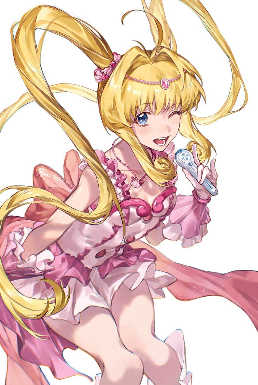 1girl, blonde_hair, blue_eyes, blush, commentary, dress, frilled_dress, frills