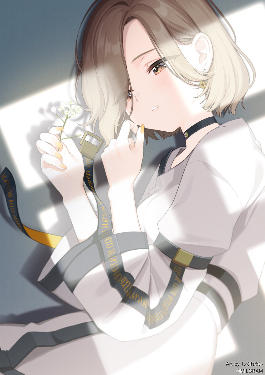 1girl, absurdres, asymmetrical_bangs, begonia_(flower), blonde_hair, brown_eyes, choker, commentary_request