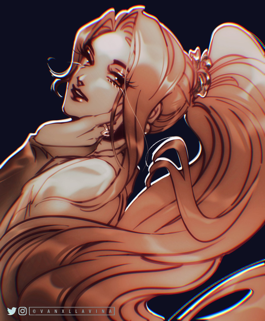 1girl, black_background, bridal_gauntlets, chromatic_aberration, eyelashes, highres, instagram_logo, instagram_username, jewelry, looking_at_viewer, parted_lips, ponytail, ring, sage_(valorant), sidelocks, simple_background, solo, twitter_logo, twitter_username, valorant, vanxllavina