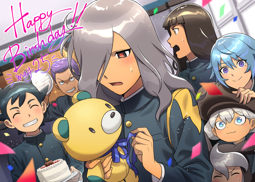 6+boys, birthday, birthday_cake, black_eyes, blue_eyes, blue_hair, blue_ribbon, brown_eyes
