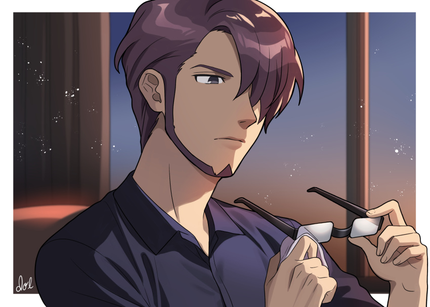 1boy, black-framed_eyewear, blue_shirt, cleaning_eyewear, collared_shirt, dolustoy, facial_hair, glasses