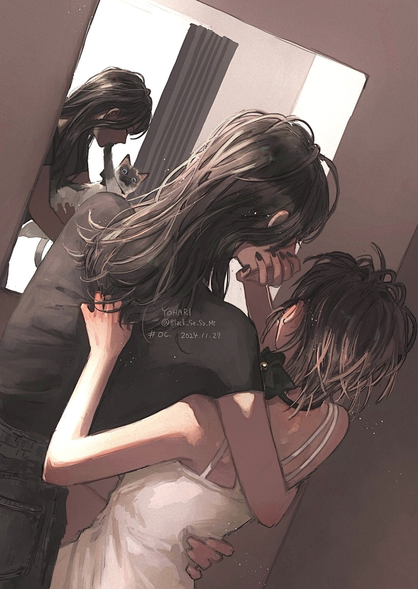 2girls, artist_name, black_hair, black_nails, black_se_sa_mi, black_shirt, brown_hair, cat