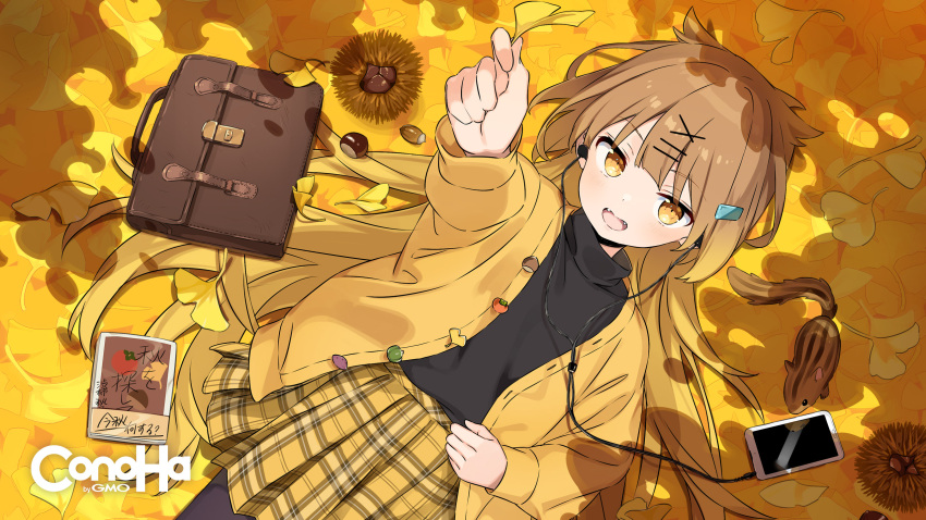 1girl, acorn, autumn_leaves, black_shirt, briefcase, brown_bag, brown_eyes, brown_hair