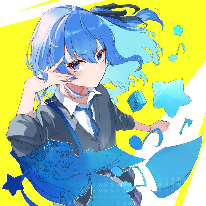 1girl, \||/, bag, blue_eyes, blue_hair, blue_nails, blue_necktie, cardigan, closed_mouth, collared_shirt, colored_inner_hair, commentary_request, double-parted_bangs, fingernails, grey_cardigan, grey_skirt, hair_between_eyes, hair_ribbon, highres, hololive, hoshimachi_suisei, kuwapu12, long_fingernails, looking_at_viewer, miniskirt, mochidoru_(plush), multicolored_hair, musical_note, nail_polish, necktie, official_alternate_costume, one_side_up, plaid_clothes, plaid_skirt, pleated_skirt, ribbon, school_bag, school_uniform, shirt, skirt, sleeves_rolled_up, smile, solo, star_(symbol), star_in_eye, symbol_in_eye, virtual_youtuber, white_shirt