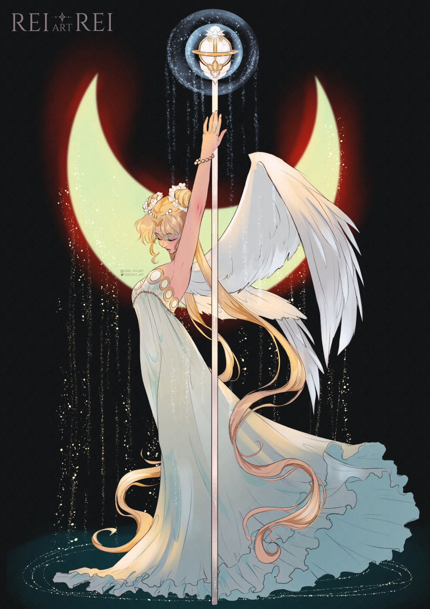 1girl, arm_up, bishoujo_senshi_sailor_moon, black_background, blonde_hair, bracelet, closed_eyes, double_bun