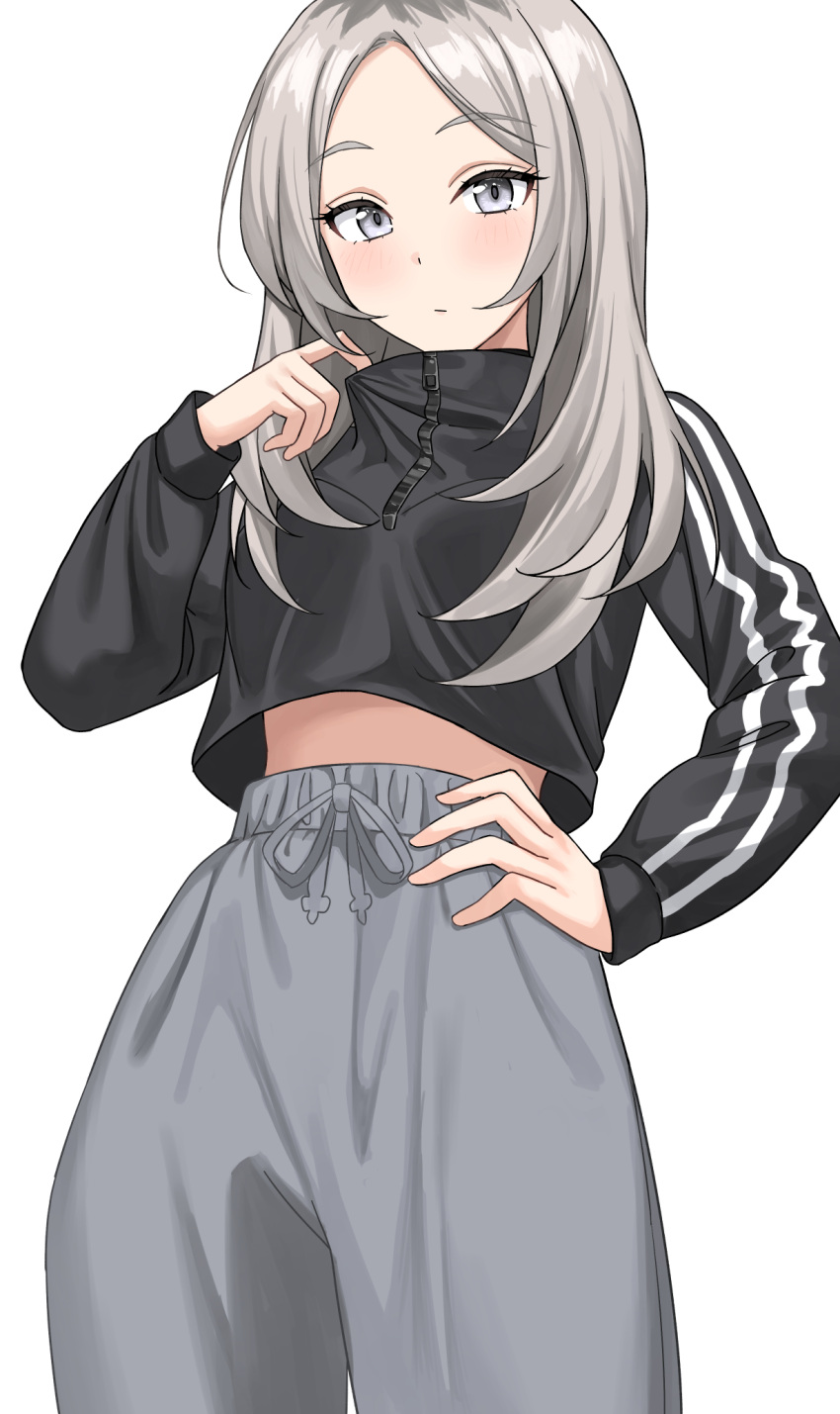 1girl, alternate_hairstyle, black_sweater, from_below, fuyutuji, girls_band_cry, grey_eyes, grey_hair