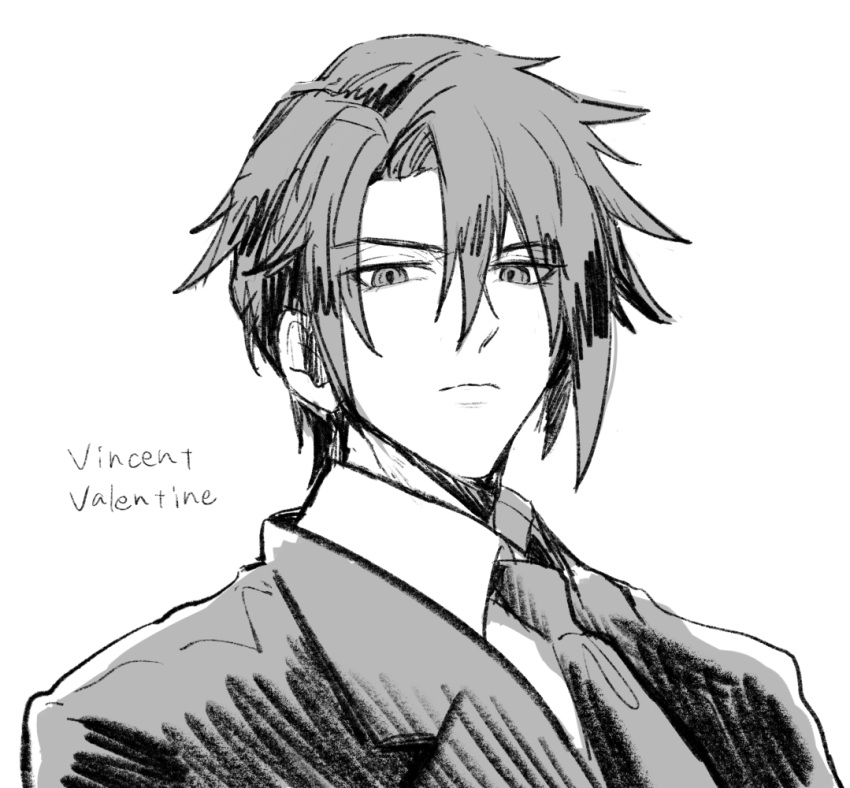 1boy, az_(pixiv_108058292), character_name, closed_mouth, collared_shirt, commentary_request, final_fantasy, final_fantasy_vii, greyscale, hair_between_eyes, jacket, looking_at_viewer, male_focus, monochrome, necktie, shirt, short_hair, simple_background, solo, spiky_hair, suit_jacket, turks_(ff7), upper_body, vincent_valentine, white_background, white_shirt