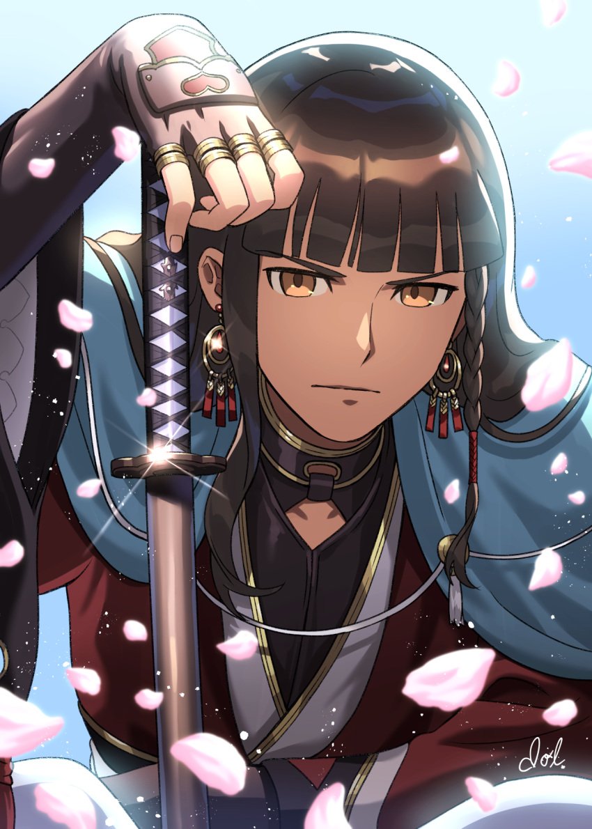 1boy, black_undershirt, blue_cloak, blue_sky, braid, brown_eyes, brown_hair, cloak