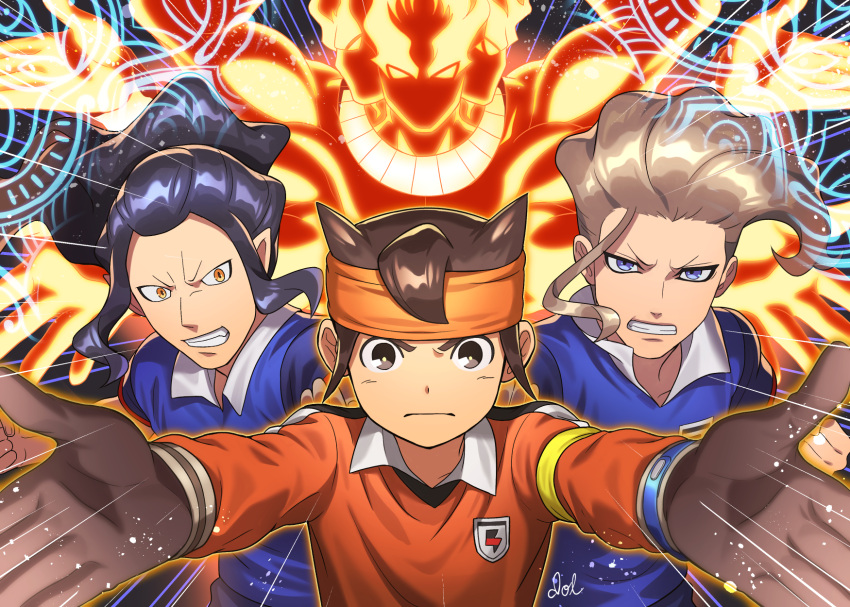 3boys, blue_eyes, blue_hair, blue_shirt, brown_eyes, brown_gloves, brown_hair, dolustoy