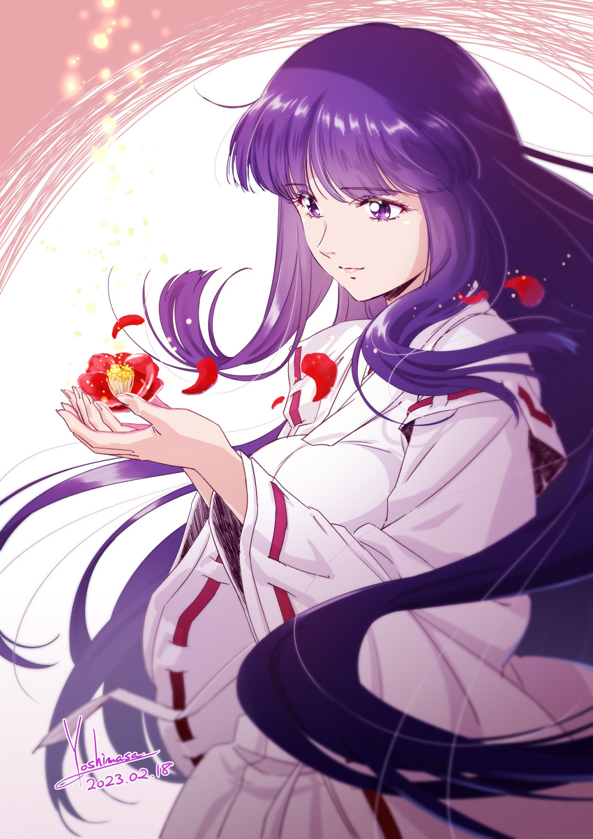 1girl, absurdres, blunt_bangs, closed_mouth, commentary_request, floating_hair, flower, highres