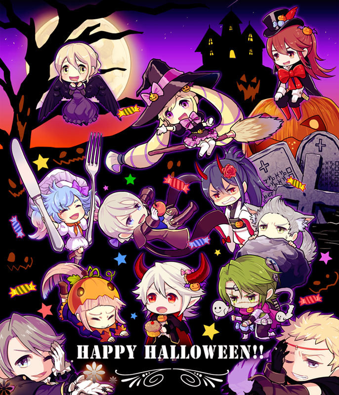 5girls, 6+boys, apple, blonde_hair, broom, broom_riding, castle, chef