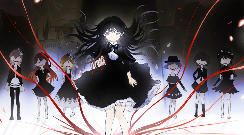 6+girls, akemi_homura, akemi_homura_(black_dress), black_dress, black_hair, clara_dolls_(madoka_magica), dress, feet_out_of_frame, floating_hair, frills, funeral_dress, hairband, highres, long_hair, mahou_shoujo_madoka_magica, mahou_shoujo_madoka_magica:_hangyaku_no_monogatari, multiple_girls, neck_ribbon, red_ribbon, ribbon, solo_focus, very_long_hair, violet_eyes, winbow