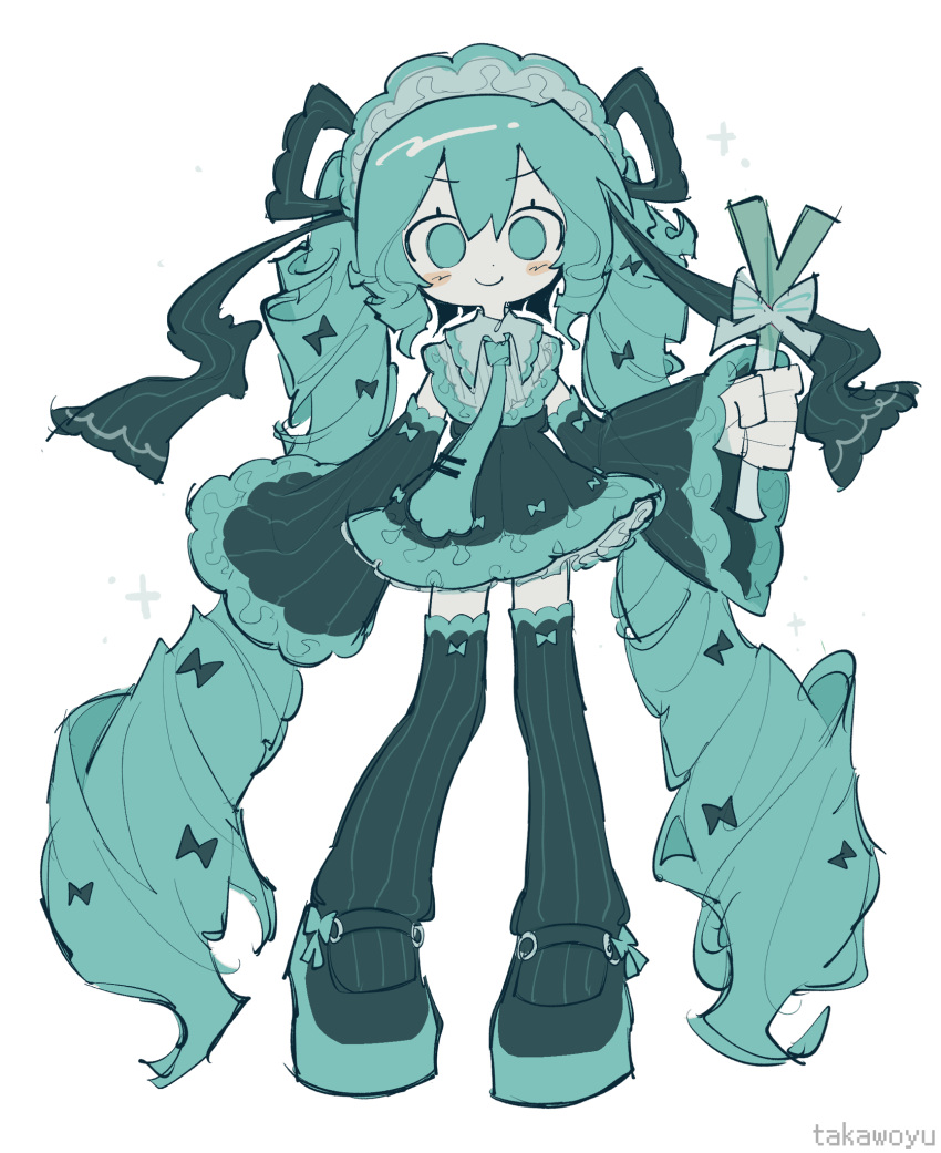 1girl, absurdly_long_hair, aqua_bow, aqua_eyes, aqua_hair, aqua_necktie, aqua_theme, aqua_trim