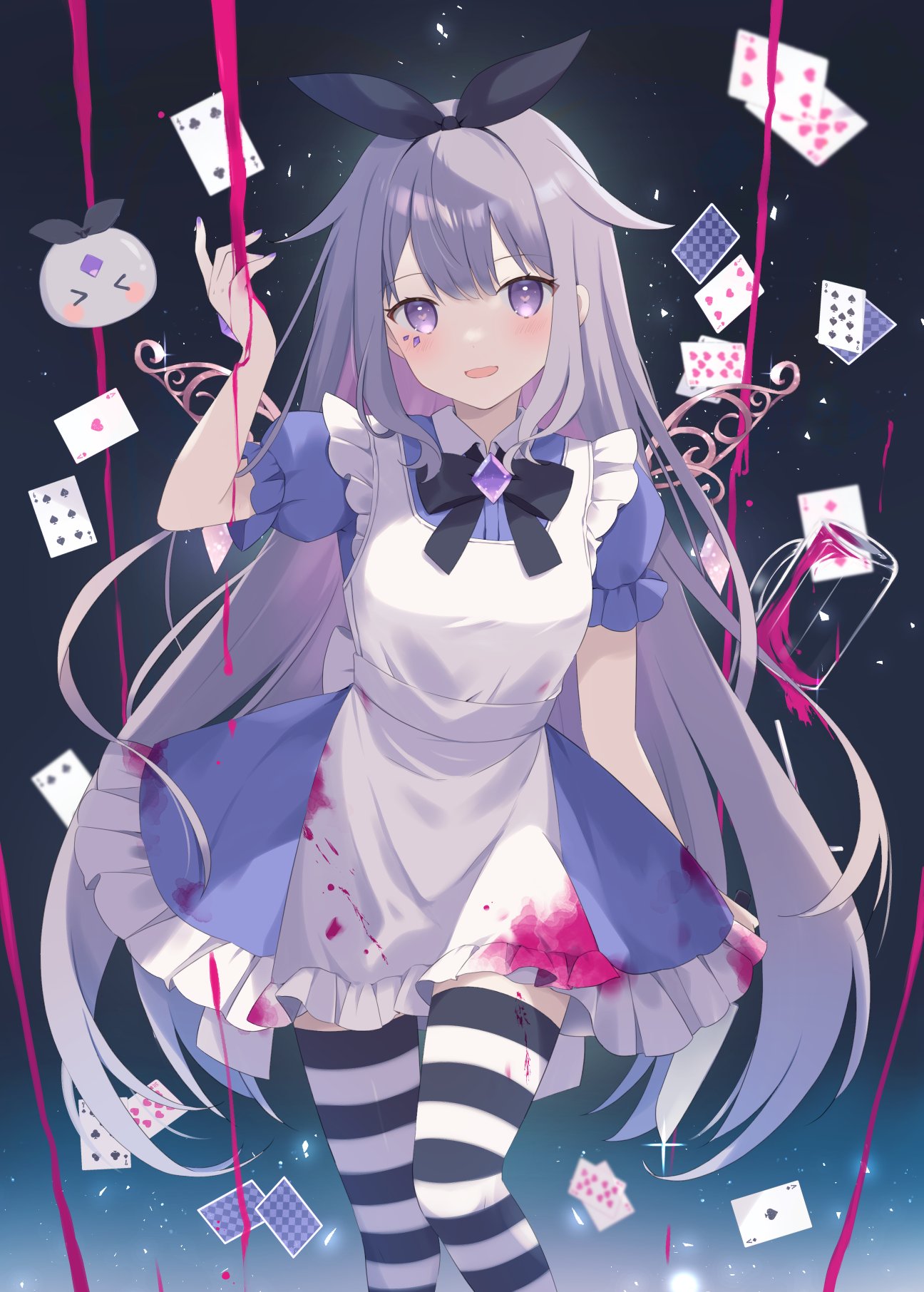 1girl, alice_(alice_in_wonderland), alice_(alice_in_wonderland)_(cosplay), alternate_costume, apron, back_bow, black_bow, black_bowtie