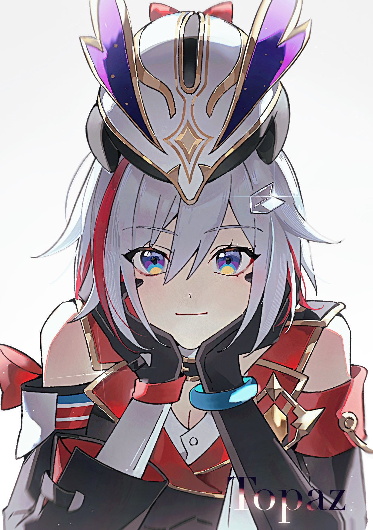 1girl, black_gloves, black_sleeves, black_unitard, blue_eyes, blush, bracelet, buttons, character_name, cleavage_cutout, closed_mouth, clothing_cutout, collared_shirt, commentary, detached_sleeves, glint, gloves, gold_trim, hair_between_eyes, hair_ornament, hands_on_own_cheeks, hands_on_own_face, hands_up, head_rest, highres, honkai:_star_rail, honkai_(series), jewelry, lapels, long_sleeves, looking_at_viewer, multicolored_eyes, multicolored_hair, numby_(honkai:_star_rail), on_head, osamu18568716, redhead, shirt, short_hair, simple_background, sleeveless, smile, solo, streaked_hair, symbol-only_commentary, topaz_(honkai:_star_rail), trotter_(honkai:_star_rail), unitard, upper_body, violet_eyes, white_background, white_hair, white_shirt
