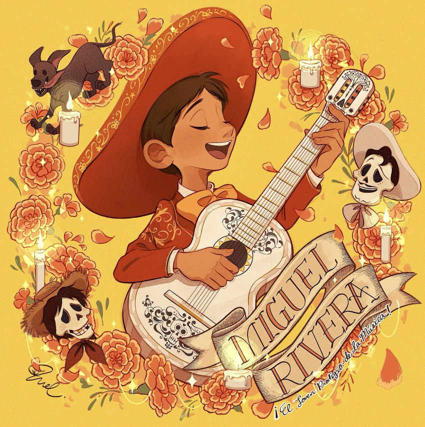 3boys, bow, bowtie, brown_hair, candle, character_name, coco_(disney), dante_(coco)