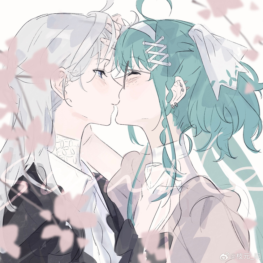 2girls, ahoge, aqua_hair, bare_arms, black-framed_eyewear, black_bow, black_jacket, bow
