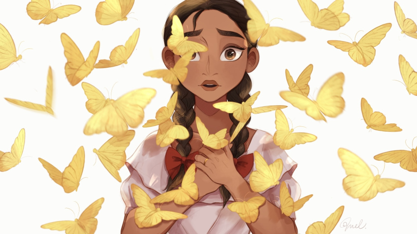 1girl, aged_down, alma_madrigal, bow, braid, brown_eyes, brown_hair, bug