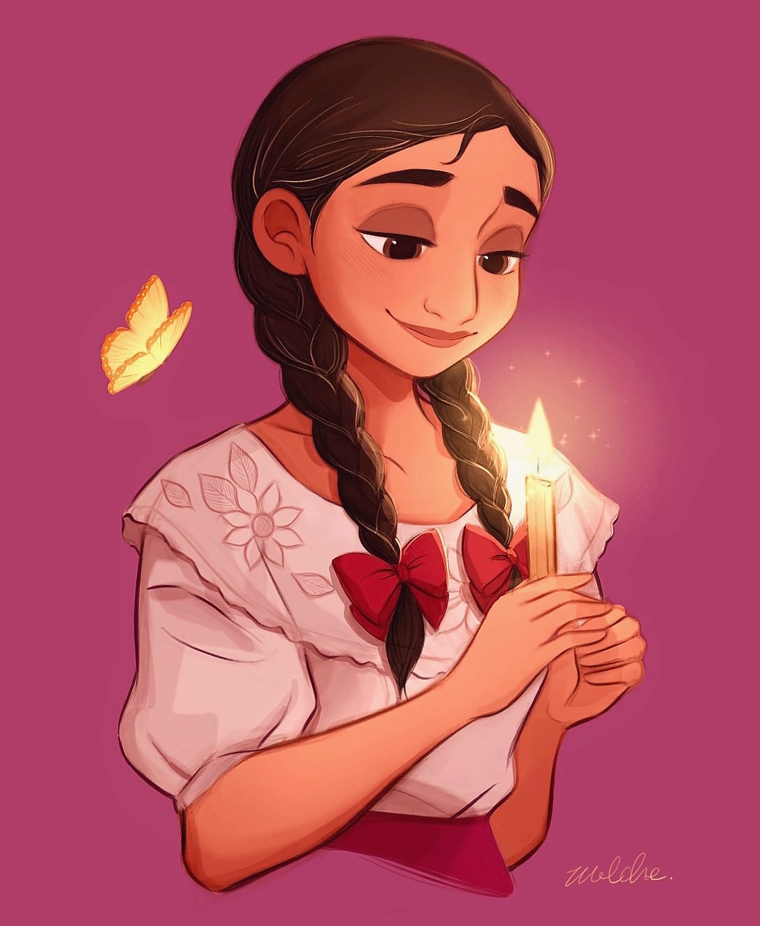 1girl, aged_down, alma_madrigal, bow, braid, brown_eyes, brown_hair, bug