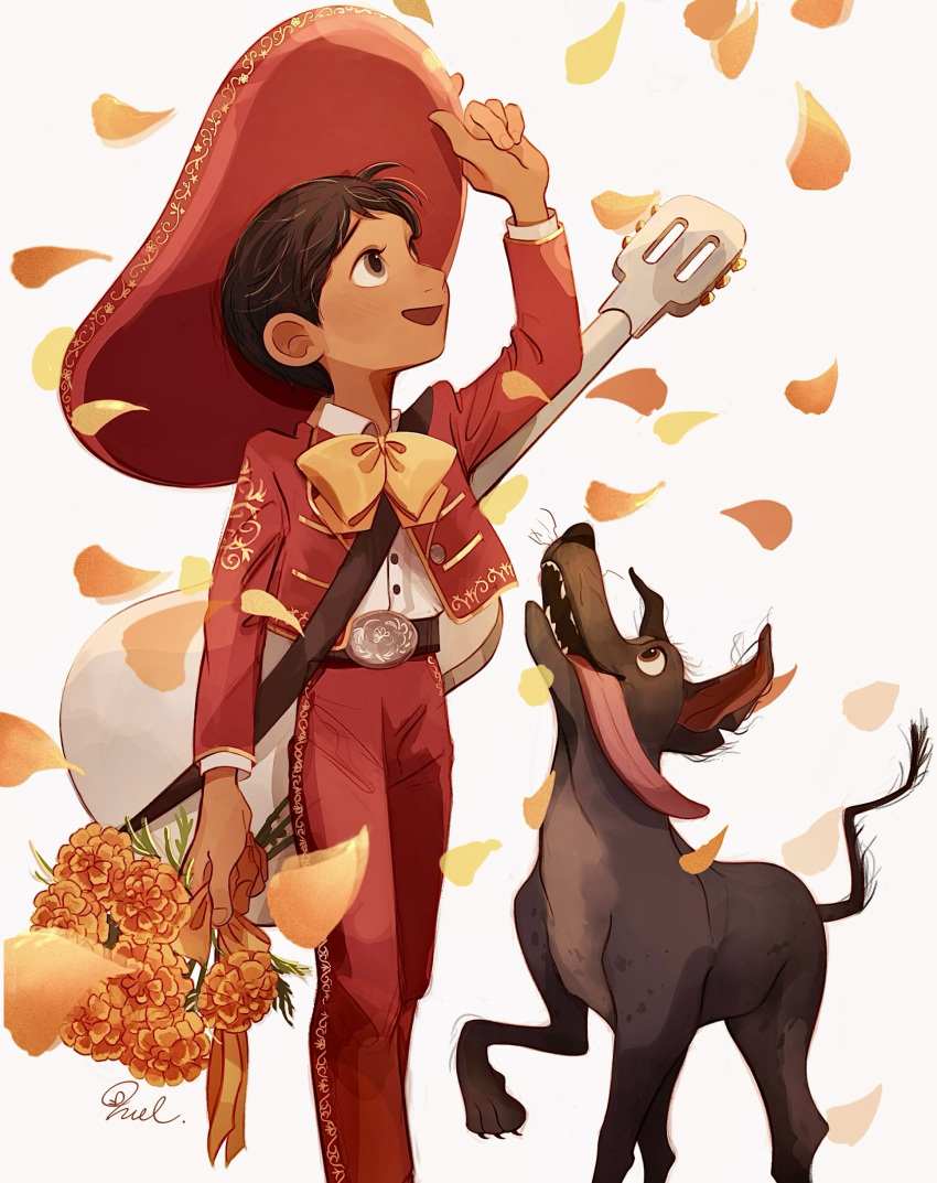 1girl, absurdres, belt, bouquet, bow, bowtie, brown_eyes, brown_hair