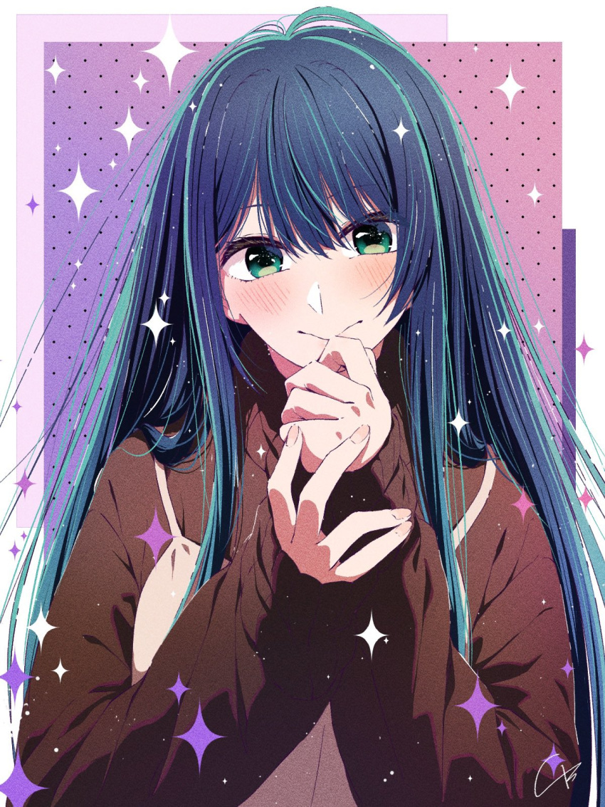 1girl, 4b-enpitsu, black_choker, blue_eyes, blue_hair, blush, border, choker