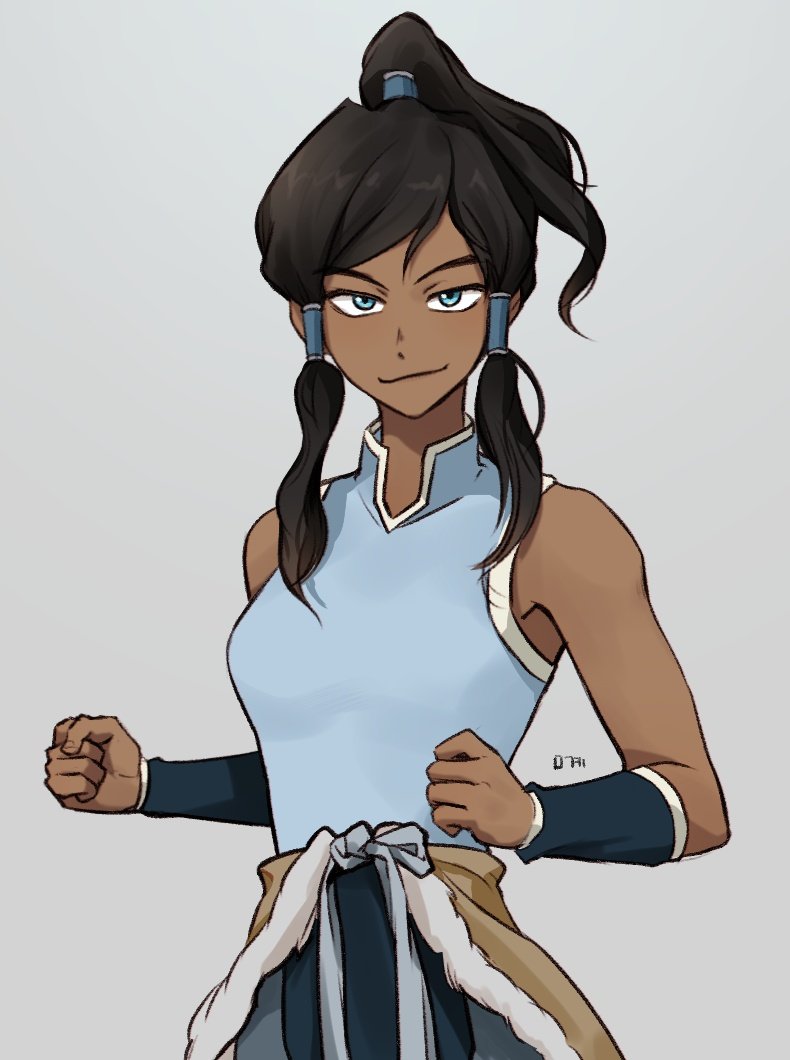 00in3, 1girl, avatar_legends, blue_eyes, brown_hair, clenched_hands, closed_mouth, commentary, cowboy_shot, grey_background, hair_tubes, high_collar, korean_commentary, korra, ponytail, sidelocks, simple_background, sleeveless, smile, solo, swept_bangs, the_legend_of_korra