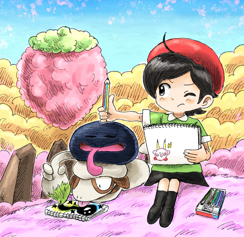 1girl, ado_(kirby), ahoge, animal_ears, black_hair, blue_skin, blue_sky, child's_drawing