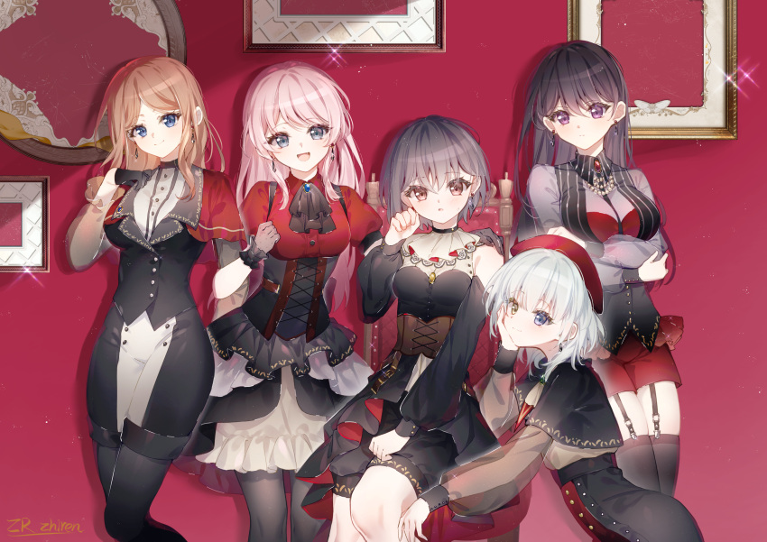 5girls, :d, absurdres, amoris_(bang_dream!), artist_name, ascot, ave_mujica_(bang_dream!), bang_dream!