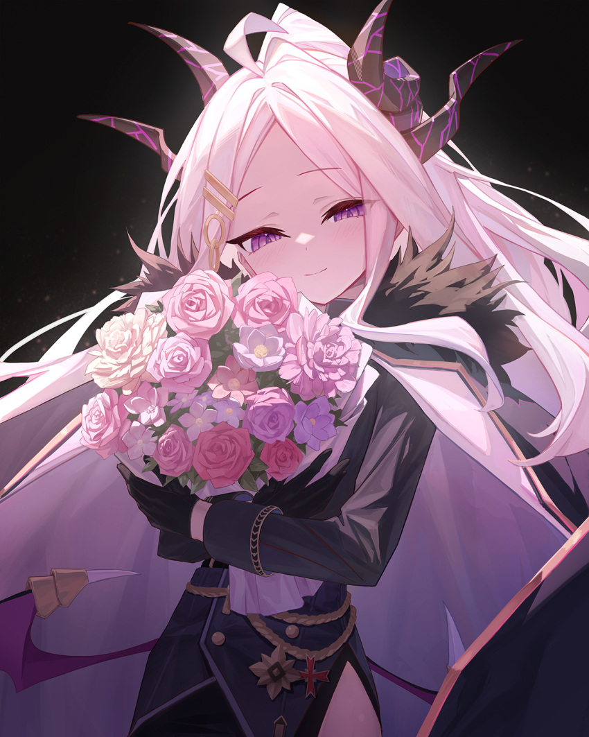 1girl, ahoge, black_background, black_gloves, black_horns, blue_archive, blush, bouquet