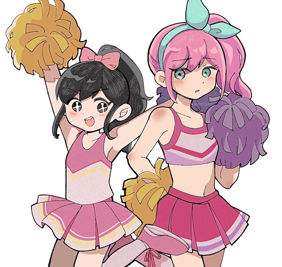 +_+, 2girls, aged_down, aubrey_(faraway)_(omori), aubrey_(omori), black_eyes, black_hair, blue_eyes, blush, bow, cheerleader, crop_top, hair_bow, long_hair, looking_at_viewer, multiple_girls, navel, omori, open_mouth, parted_lips, pink_bow, pink_hair, pink_skirt, pleated_skirt, pom_pom_(cheerleading), ponytail, shirotsume_143, skirt, smile, teeth, upper_teeth_only