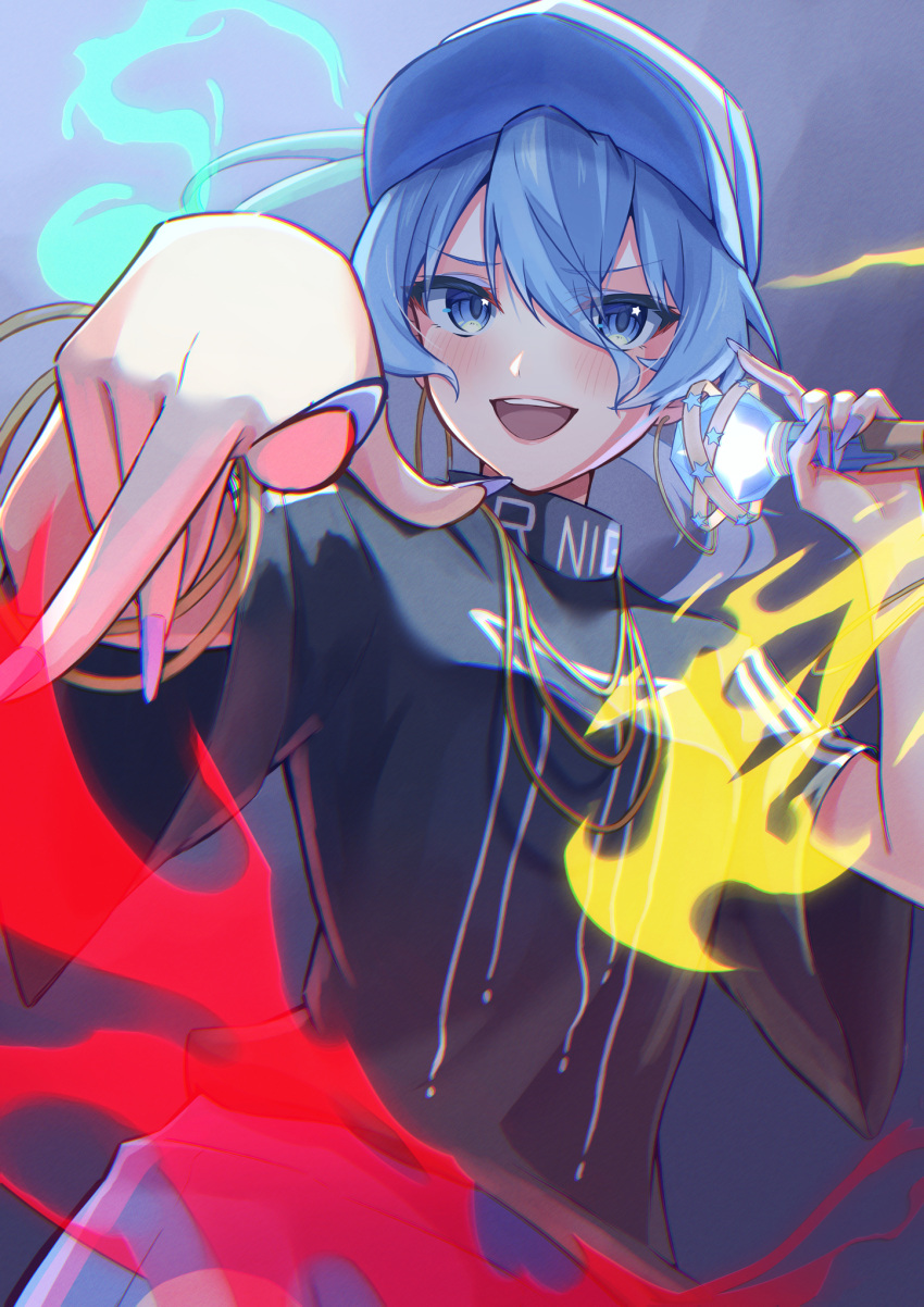 1girl, alternate_costume, black_shirt, blue_eyes, blue_hair, blue_hat, blue_nails, blush