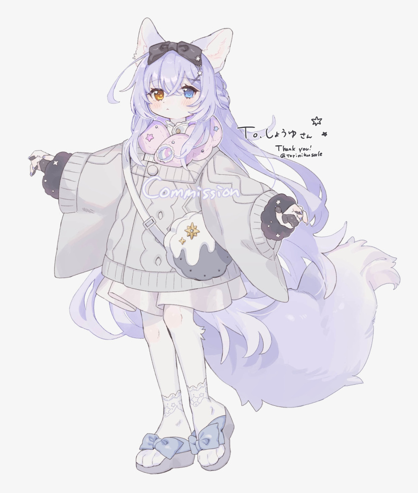 1girl, animal_ears, artist_name, bag, black_bow, blue_eyes, bow, commission, commissioner_name, crossed_bangs, fewer_digits, footwear_bow, fox_ears, fox_girl, fox_tail, full_body, furry, furry_female, gomafuto, grey_sweater, hair_bow, hair_ornament, hairpin, half_up_braid, heterochromia, highres, lace-trimmed_socks, long_hair, looking_at_viewer, original, outstretched_arms, pawpads, purple_hair, sandals, shoulder_bag, signature, simple_background, socks, solo, spread_arms, standing, sweater, tachi-e, tail, white_background, white_socks, wide_sleeves, x_hair_ornament, yellow_eyes