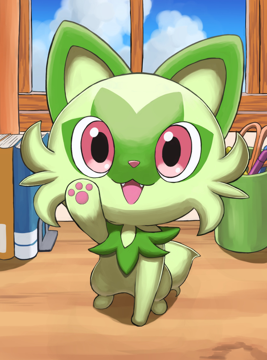 :d, book, cat_ears, cat_tail, commentary_request, cup, fang, fangs, highres, indoors, jira_(ziraiya26), looking_at_viewer, no_humans, open_mouth, pawpads, pen, pink_eyes, pokemon, pokemon_(creature), red_eyes, shadow, sitting, smile, solo, sprigatito, tail, window