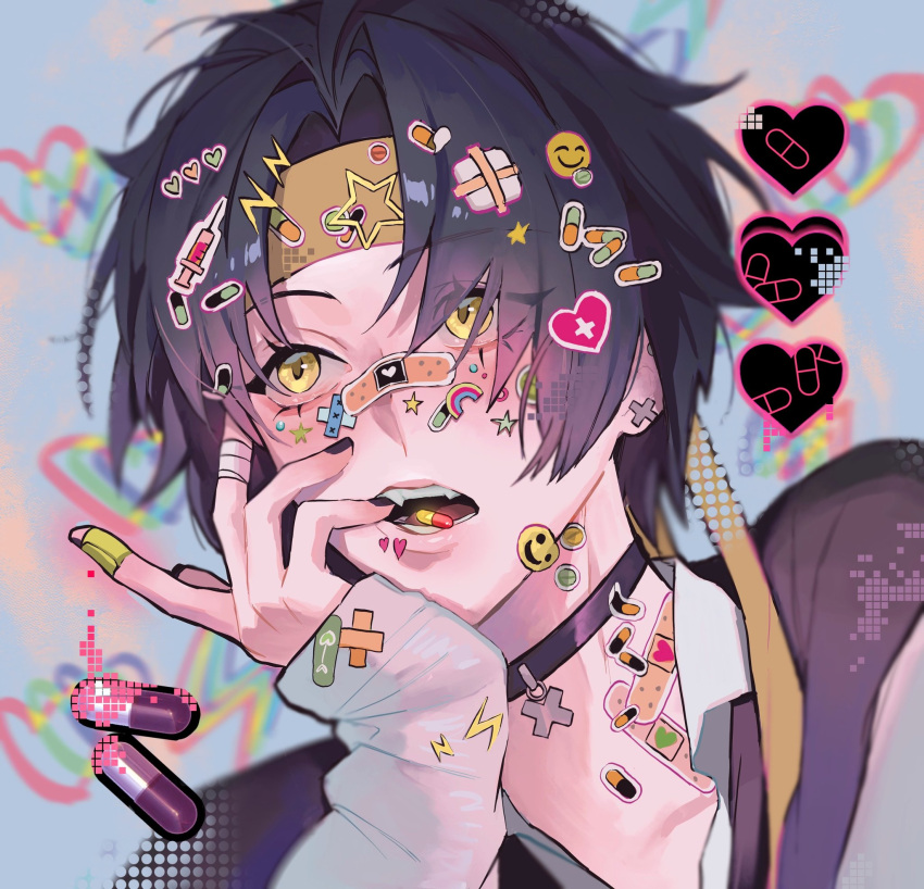 1boy, asaba_harumasa, bandaged_fingers, bandages, bandaid, bandaid_on_face, bandaid_on_hand, bandaid_on_nose, black_choker, black_nails, choker, decora, ear_piercing, eyelashes, fangs, hair_ornament, headband, heart, hhhye_tw, highres, jewelry, long_sleeves, male_focus, nail_polish, open_mouth, piercing, pill, pill_hair_ornament, sleeves_past_wrists, solo, star_(symbol), sticker, sticker_on_face, syringe_hair_ornament, yellow_eyes, yellow_headband, zenless_zone_zero