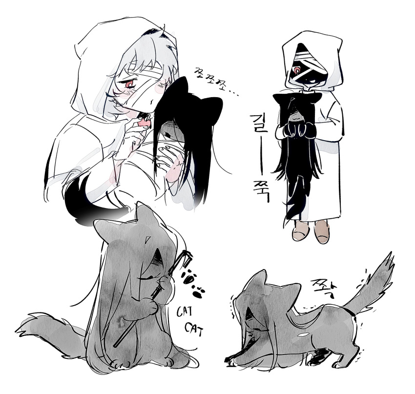 animal, animalization, black_hair, cat, commentary_request, crowbar, grey_hair, heroine_(homicipher), highres, holding, holding_crowbar, homicipher, jit1244, korean_commentary, korean_text, long_hair, mr._crawling, multiple_views, raincoat, short_hair, simple_background, translation_request, white_background, white_raincoat