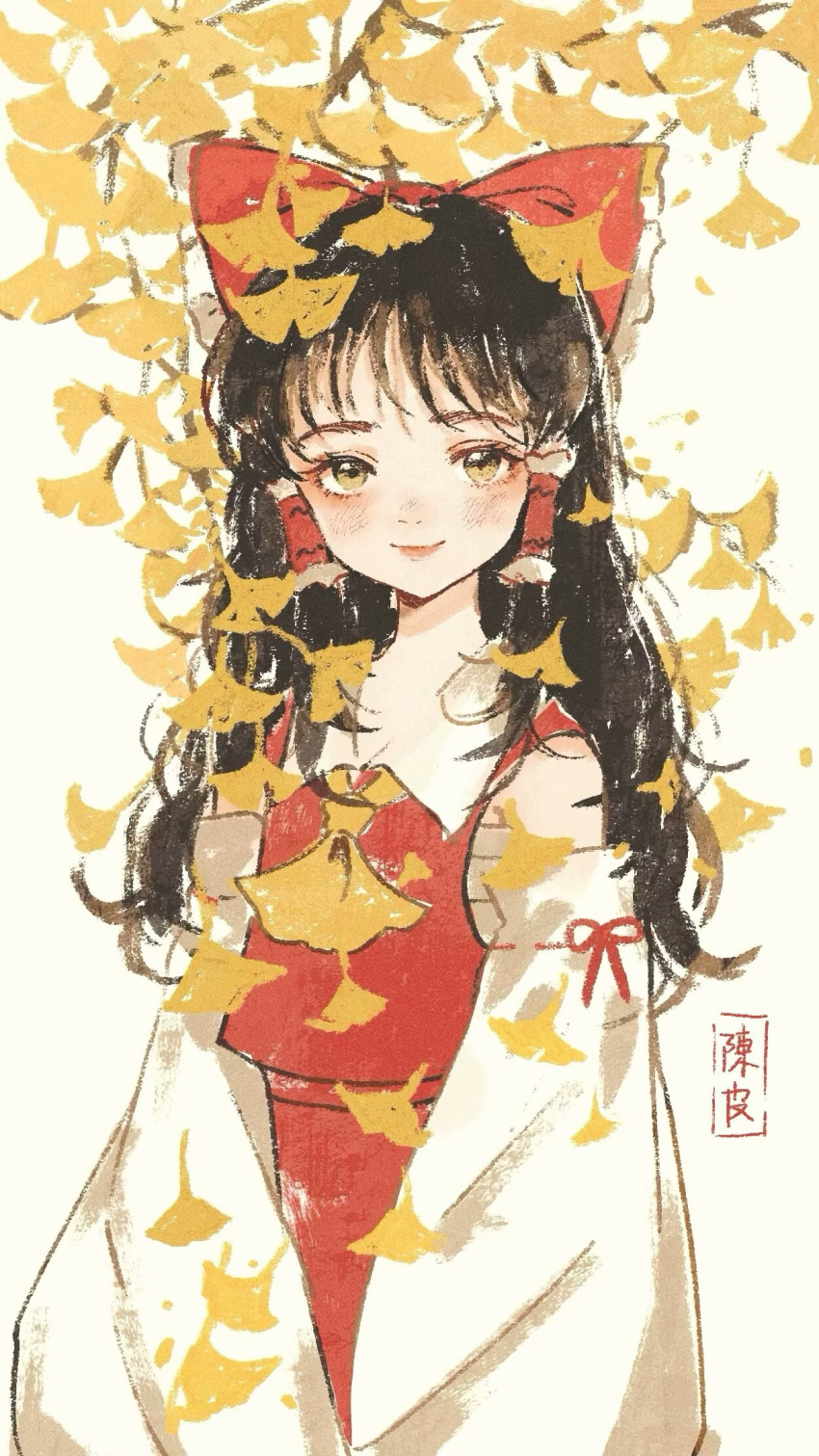 1girl, ascot, black_hair, bow, brown_eyes, chinnpi, closed_mouth, commentary