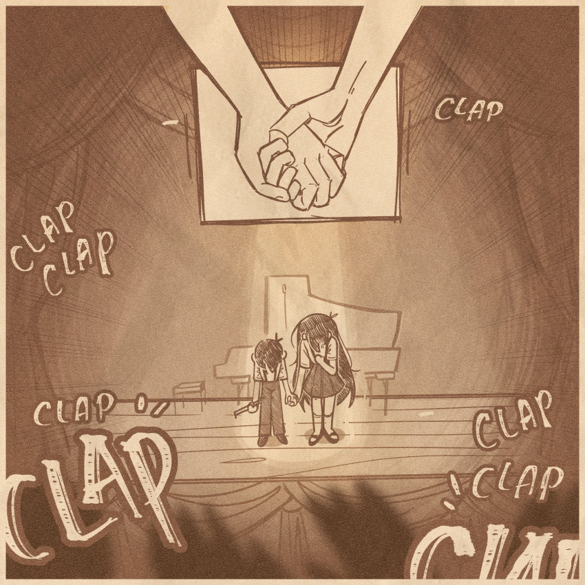 1boy, 1girl, applause, artist_name, brother_and_sister, grand_piano, highres, instrument