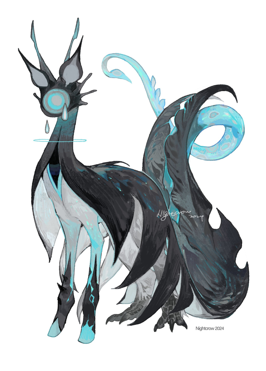 absurdres, animal_focus, artist_name, blue_eyes, full_body, highres, hooves, horns, looking_at_viewer, mixed_limbs, monster, nightcrow, no_humans, one-eyed, original, simple_background, solo, tail, tears, white_background