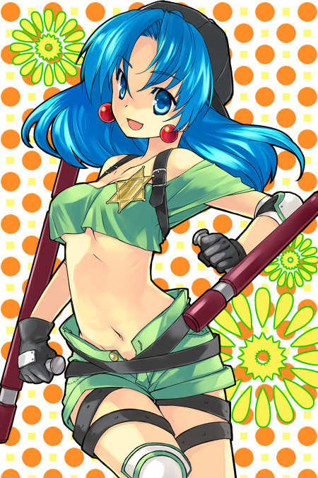 90s, :d, akr_et, bad_id, bare_shoulders, battle_arena_toshinden, belt, blue_eyes, blue_hair, crop_top, earrings, gloves, hat, jewelry, light_smile, long_hair, midriff, navel, off_shoulder, open_fly, open_mouth, polka_dot, polka_dot_background, shorts, smile, solo, star, tonfa, tracy_(battle_arena_toshinden), unzipped, weapon