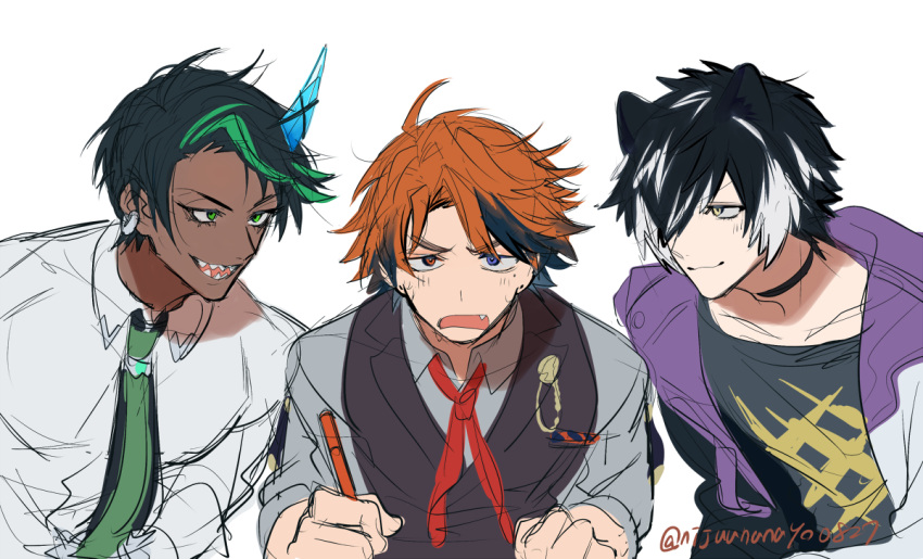 3boys, :d, aragami_oga, aragami_oga_(3rd_costume), black_hair, black_jacket, black_shirt, black_vest