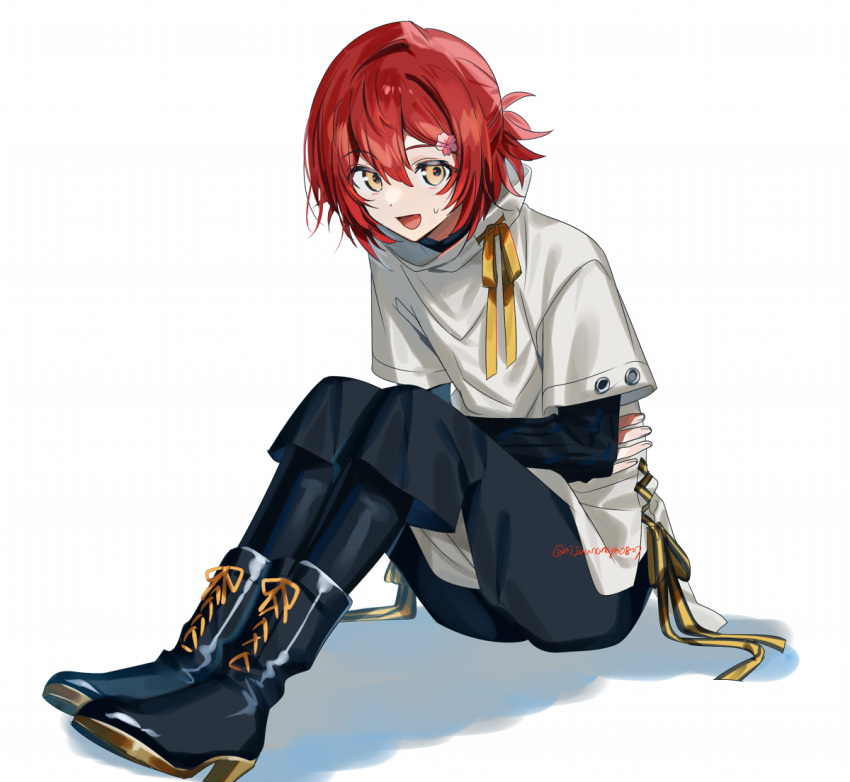 1boy, :d, black_footwear, black_pants, black_sweater, boots, capri_pants, cross-laced_footwear