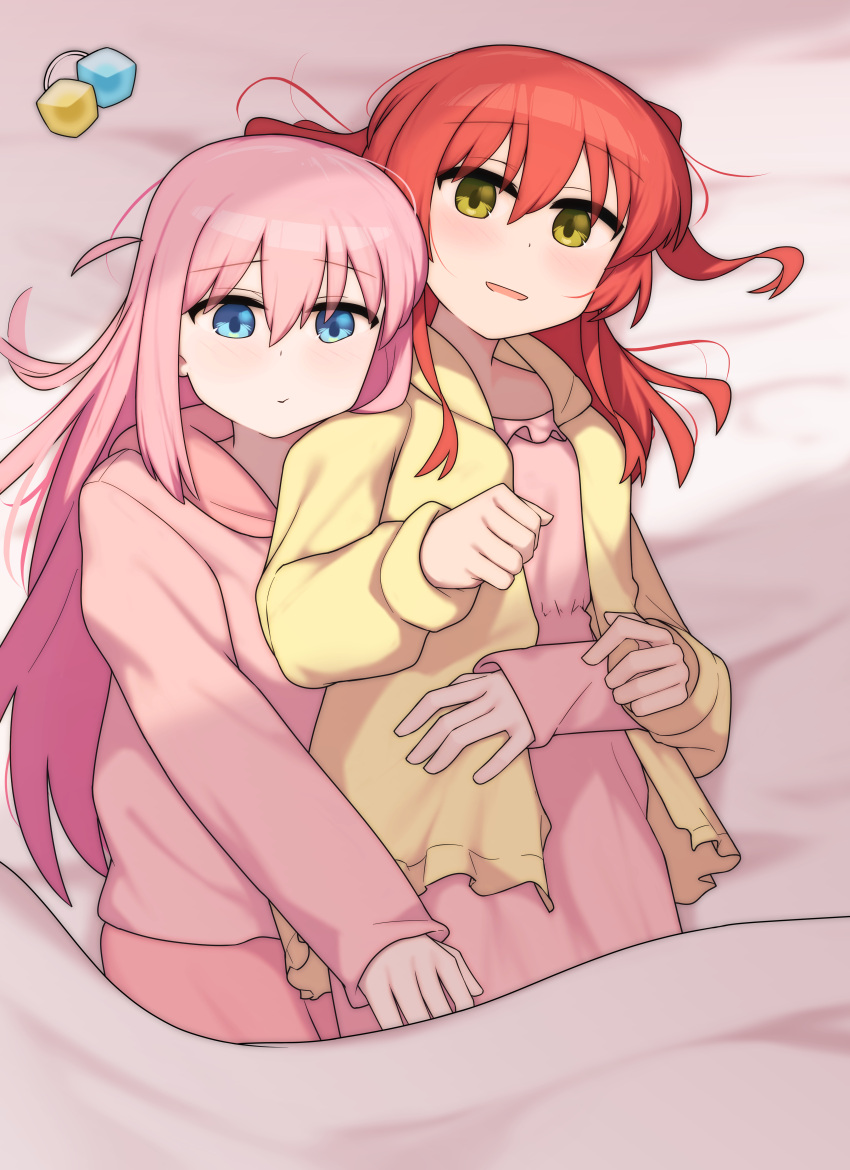 2girls, absurdres, blue_eyes, blush, bocchi_the_rock!, commentary, cube_hair_ornament, cuddling