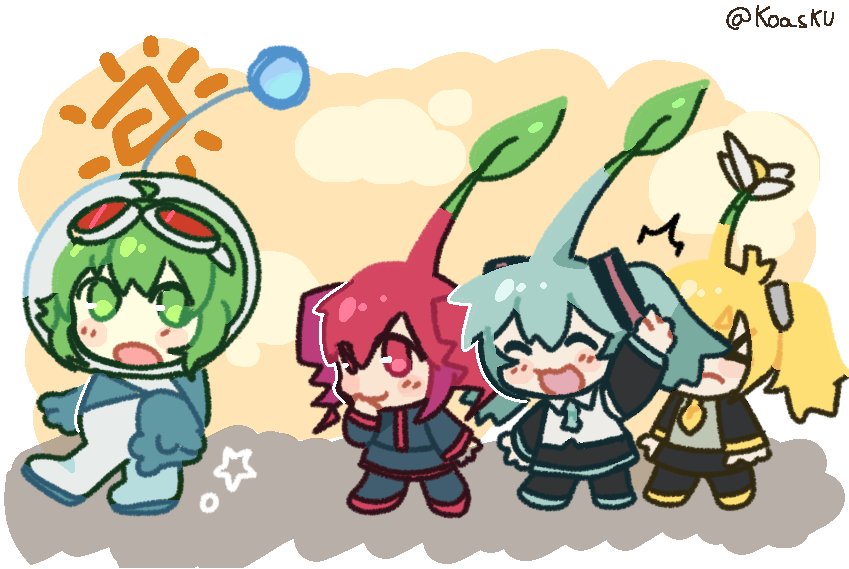 >_<, 4girls, ahoge, akita_neru, aqua_hair, arm_up, black_footwear, black_skirt, blonde_hair, blush, boots, chibi, closed_mouth, clouds, frown, goggles, goggles_on_head, green_eyes, green_hair, gumi, hatsune_miku, helmet, jumpsuit, kasane_teto, koasku, multiple_girls, open_mouth, pikmin_(creature), pikmin_(series), red_eyes, red_shirt, redhead, shirt, short_hair, skirt, smile, sprout_on_head, sun, twintails, twitter_username, utau, vocaloid, white_shirt