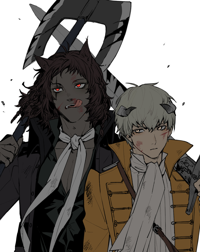 2boys, :q, animal_ears, axe, basilio_(metaphor:_refantazio), black_hair, black_skin, blood