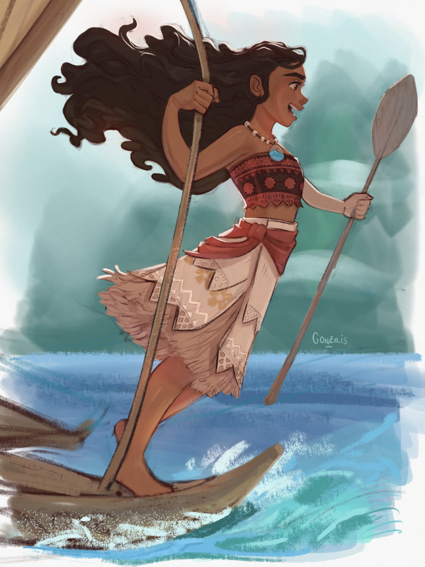 1girl, artist_name, barefoot, brown_hair, dark-skinned_female, dark_skin, day, gonzais, highres, holding, holding_oar, jewelry, long_hair, moana_(movie), moana_waialiki, necklace, oar, open_mouth, outdoors, skirt, solo, standing, water